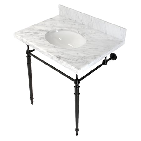 Fauceture KVPB3022M80 30" Console Sink with Brass Legs (8-Inch, 3 Hole), Marble White/Matte Black KVPB3022M80